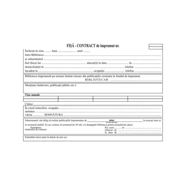 Fișă contract de împrumut pentru bibliotecă format A5 hârtie 80 g/mp Fișă contract de împrumut pentru bibliotecă format A5 hârtie 80 g/mp