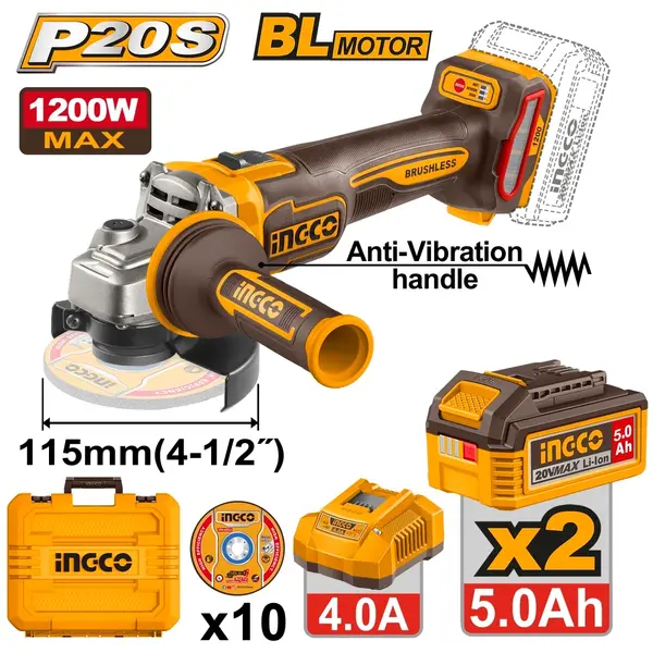 Flex Unghiular Industrial 20V 115mm 1200W Brushless INGCO CAGLI2120252E, 3000/6000/9000 rpm, filet M14, maner anti-vibratii, 2 acumulatori 5Ah + incarcator + accesorii incluse