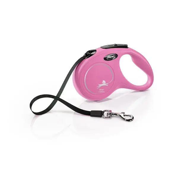 FLEXI Classic, lesă bandă retractabilă câini, nylon, roz, S(15kg, 5m)