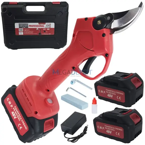 Foarfeca de taiat crengi, pe acumulator, 48V 8Ah, 2 acumulatori, Accesorii incluse, Geanta de Transport