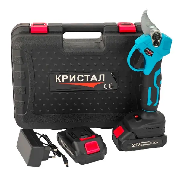Foarfeca electrica pentru vita de vie, crengi, DDT-CRISTAL cu 2 Acumulatori 21 V, 2000 mAh, Albastru