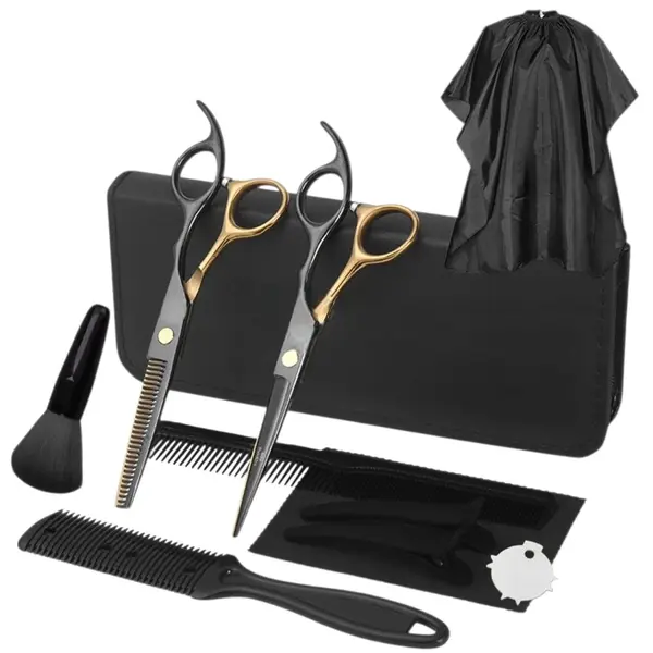 Foarfece profesionale de tuns si filat NewEvo , pentru frizerie,salon,coafor, husa piele + accesorii, otel japonez, 17 cm, set 10 piese, negru