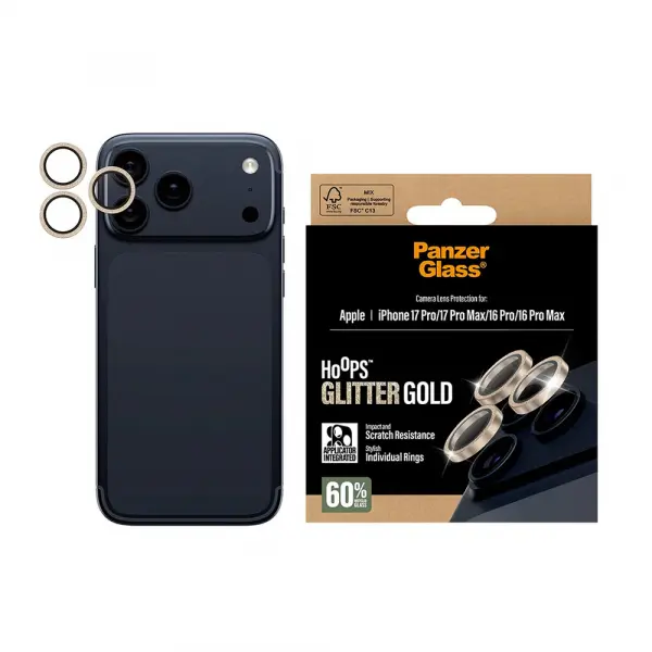 Folie de protectie Camera Spate PanzerGlass Hoops Glitter pentru Apple iPhone 17 Pro Max / 17 Pro / 16 Pro Max / 16 Pro, Sticla Securizata, Aurie