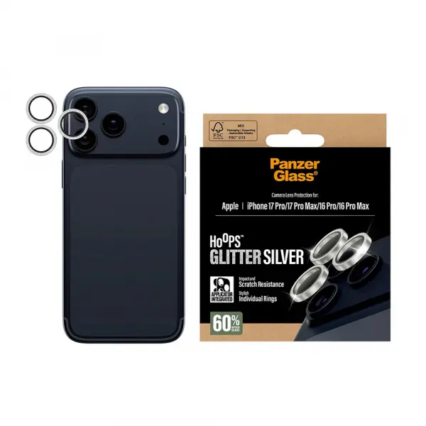 Folie de protectie Camera Spate PanzerGlass Hoops Glitter pentru Apple iPhone 17 Pro Max / 17 Pro / 16 Pro Max / 16 Pro, Sticla Securizata, Argintie