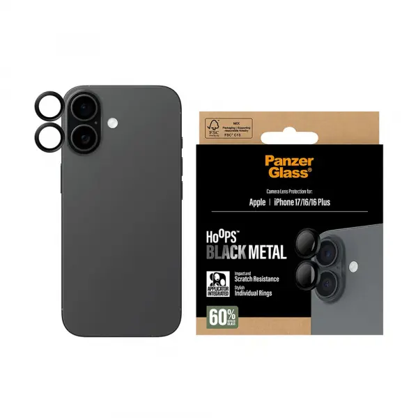 Folie de protectie Camera Spate PanzerGlass Hoops pentru Apple iPhone 17 / 16 Plus / 16, Sticla Securizata, Neagra