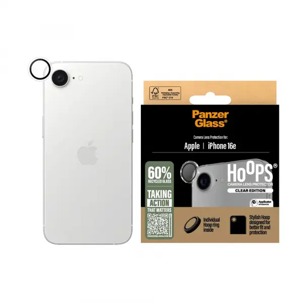 Folie de protectie Camera Spate PanzerGlass Hoops pentru Apple iPhone 17e / 16e, Sticla Securizata, Transparenta
