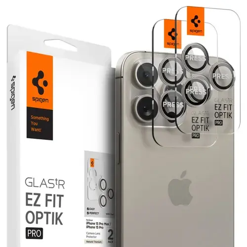 Folie de protectie Camera spate Spigen EZ FIT pentru Apple iPhone 15 Pro Max / 15 Pro, Sticla Securizata, Full Glue, Set 2 bucati, Gri AGL07163
