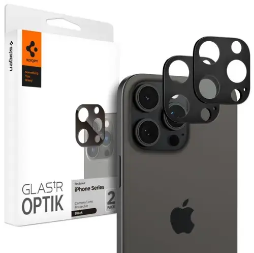 Folie de protectie Camera spate Spigen Optik pentru Apple iPhone 15 Pro Max / 15 Pro / 14 Pro Max, Sticla Securizata, Full Glue, Set 2 bucati, Neagra