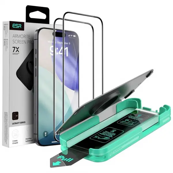 Folie de protectie Ecran ESR Armorite UltraFit pentru Apple iPhone 17 Pro Max, Sticla Securizata, Full Glue, Set 2 bucati, Neagra