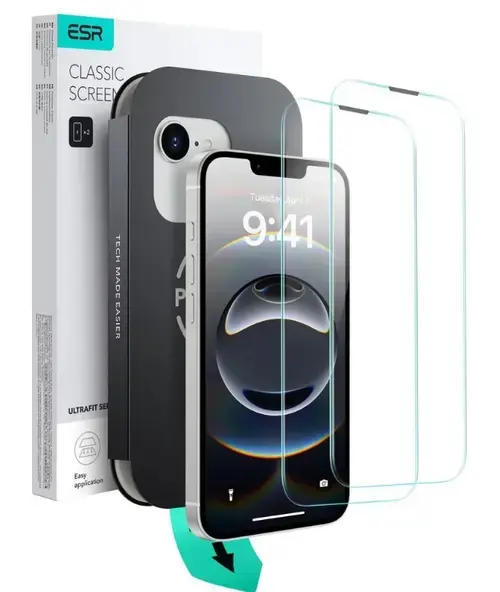 Folie de protectie Ecran ESR Ultrafit pentru Apple iPhone 16e / 14 / 13 Pro / 13, Sticla Securizata, Full Glue, Set 2 bucati