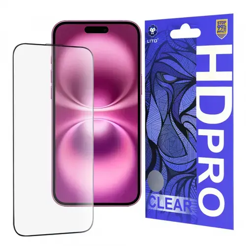 Folie de protectie Ecran Lito HD Pro Clear pentru Apple iPhone 16 Plus, Sticla Securizata, Full Glue (Transparent/Negru)