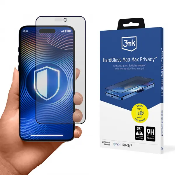 Folie de protectie Ecran Matte Privacy 3MK HardGlass Max pentru Apple iPhone 17 Pro, Sticla Securizata, Full Glue