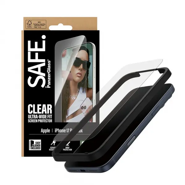 Folie de protectie Ecran PanzerGlass Safe. Ultra-Wide Fit EasyAligner pentru Apple iPhone 17 Pro Max, Sticla Securizata, Full Glue