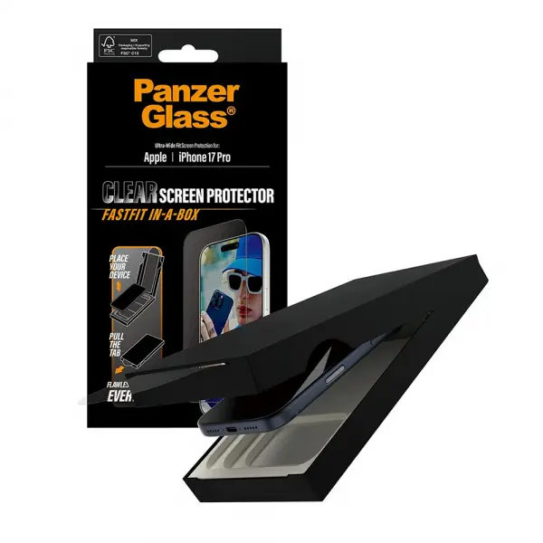 Folie de protectie Ecran PanzerGlass Ultra-Wide Fit Fastfit pentru Apple iPhone 17 Pro, Sticla Securizata, Full Glue, Neagra