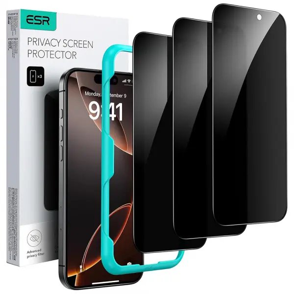 Folie de protectie Ecran Privacy ESR pentru Apple iPhone 17 Pro Max, Sticla Securizata, Full Glue, Set 3 bucati