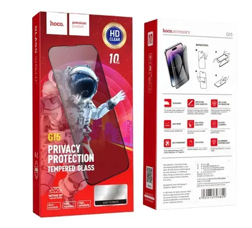 Folie de protectie Ecran Privacy HOCO G15 pentru Apple iPhone 15 Pro, Sticla Securizata, Full Glue, 5D