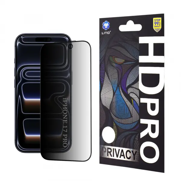 Folie de protectie Ecran Privacy Lito HD Pro pentru Apple iPhone 17 Pro, Sticla Securizata, Full Glue