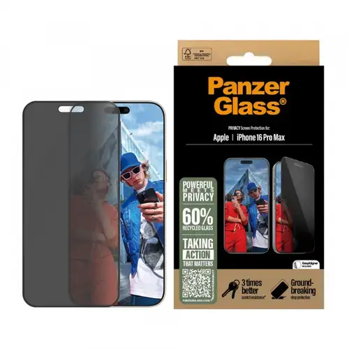 Folie de protectie Ecran Privacy PanzerGlass Ultra-Wide Fit EasyAligner pentru Apple iPhone 16 Pro Max, Sticla Securizata, Full Glue