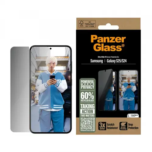 Folie de protectie Ecran Privacy PanzerGlass Ultra-Wide Fit pentru Samsung Galaxy S25 S931 / S24 S921, Sticla Securizata, Full Glue