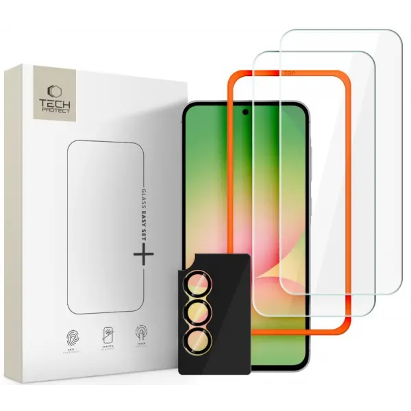 Folie de protectie Ecran si Camera Spate Tech-Protect Quick Set+ pentru Samsung Galaxy A57 5G, Sticla Securizata, Full Glue, Set 3 bucati