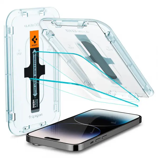 Folie de protectie Ecran Spigen GlastR EZ FIT pentru Apple iPhone 14 Pro, Sticla Securizata, Full Glue, Set 2 bucati