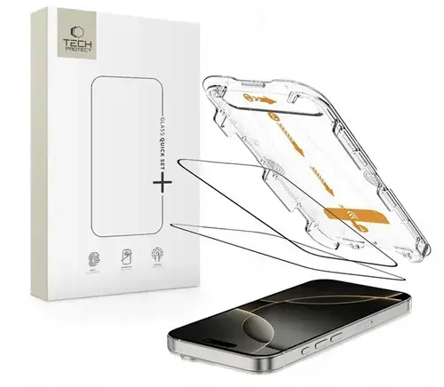 Folie de protectie Ecran Tech-Protect QUICK SET+ pentru Apple iPhone 16 Pro, Sticla Securizata, Full Glue, Set 2 bucati, Cu Rama Ajutatoare, Neagra