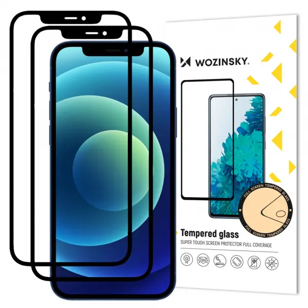 Folie de protectie Ecran WZK pentru Apple iPhone 12 / 12 Pro, Sticla Securizata, Full Glue, Set 2 bucati, Case Friendly, Neagra