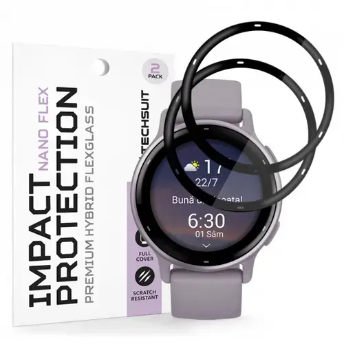Folie Protectie Techsuit Nano Flex pentru Garmin Vivoactive 5, Set 2 bucati, Plastic, Neagra