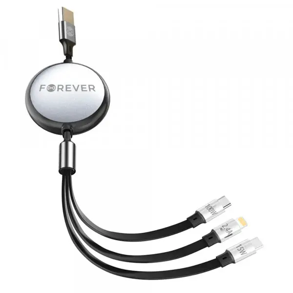 FOREVER Cablu Incarcare USB-A - Lightning / 2 x USB-C Forever 3in1, 100W, 1.2m, Negru
