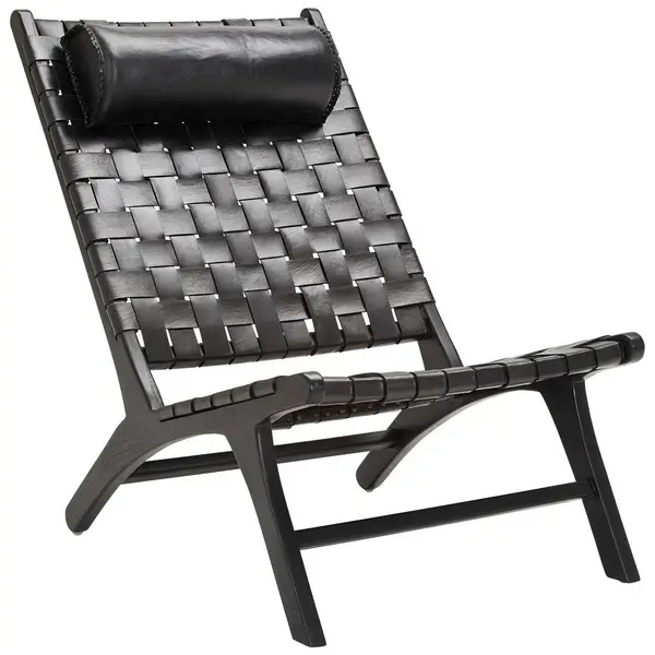 Fotoliu din lemn, piele, negru