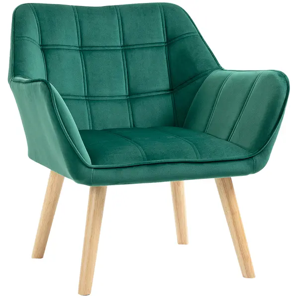 Fotoliu HOMCOM in stil scandinav din lemn si efect de catifea verde pentru sufragerie sau birou, 68.5x61x72.5cm | Aosom Romania