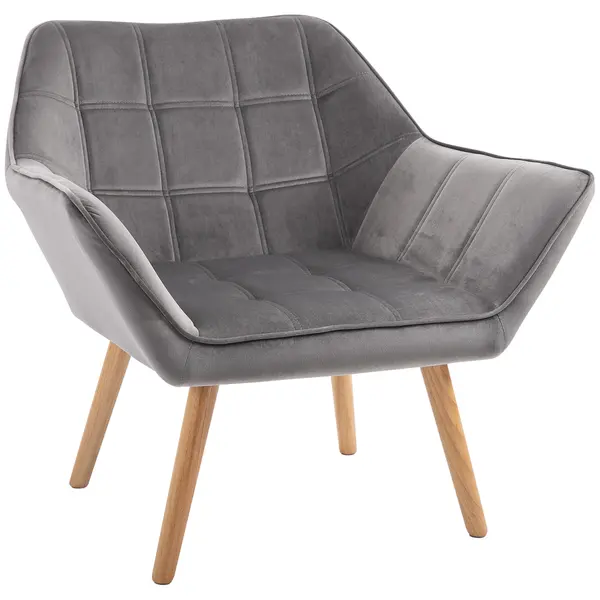 Fotoliu Living HOMCOM Stil Nordic din Lemn cu Efect de Catifea Gri pentru Sufragerie sau Birou, Dimensiuni 67x61.5x71cm | Aosom România