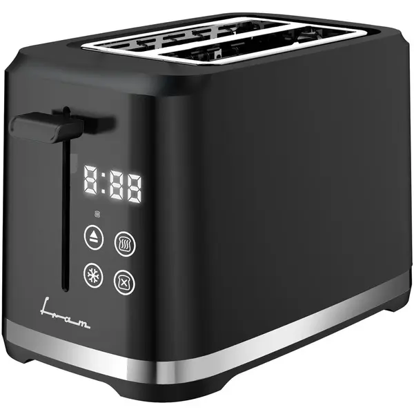 Fram Prajitor de paine Fram FTP-8007DBK, 800W, capacitate 2 felii, 7 niveluri de rumenire, tavita detasabila pentru firimituri, Negru-Inox