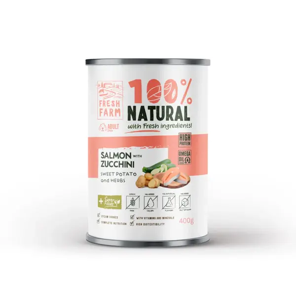 FRESH FARM Coarse XS-XL, Somon și Zucchini, conservă hrană umedă fără cereale câini, (pate), 400g