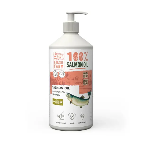 FRESH FARM Ulei de Somon, supliment piele & blană, sistem cardio-vascular câini, ulei FRESH FARM Ulei de Somon, XS-XL, supliment piele & blană, sistem cardio-vascular câini și pisici, flacon, 250ml ulei