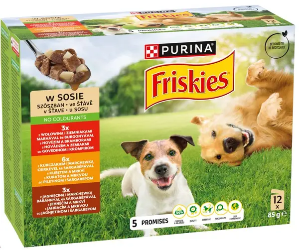 FRISKIES Pachet plicuri pentru câini Adulţi, cu Pui, Vită şi Miel 12x85g