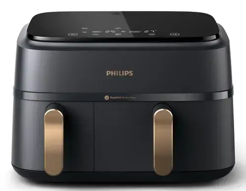 Friteuza cu aer cald dubla Philips NA352/00, 2750 W, 9 l, 1.5 kg, Control tactil (Negru/Auriu)