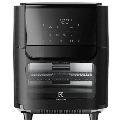 Friteuza cu aer cald Electrolux Seria 800 EAF12B, 1800W, 12 l, 5 moduri de gatit, 7 programe, Display digital, Rotisor, Tava coacere, Rafturi cu sita (Crom/Negru)
