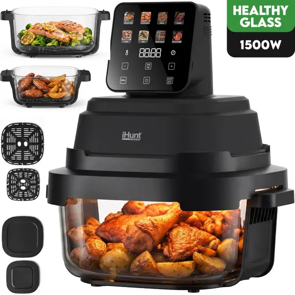 Friteuza cu aer cald fara ulei iHunt PureGlass Crisp 8 A n 1, Sistem din Sticla Borosilicata, 1500W, 2 Vase Modulare 4L + 1.5L cu Capace de Sigilare, Circulatie 360 a Aerului Cald