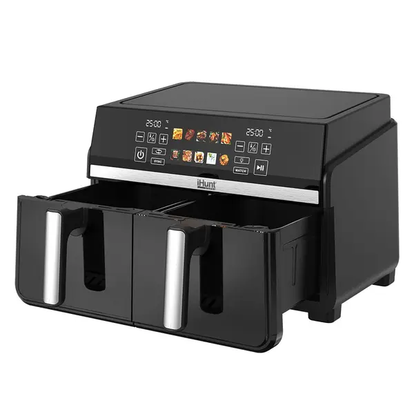 Friteuza cu Aer Cald iHunt Bro Dual Air Fryer, 10L, 2200W, Dual Zone, Ecran Touch LED, Temperatura Reglabila 80-200 C, Timer, Mentinere la Cald