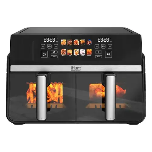 Friteuza cu aer cald iHunt BRO DUAL Air Fryer, 2200 W, 10L (5L + 5L), Timer, Termostat reglabil 80-200 C (Negru/Argintiu)