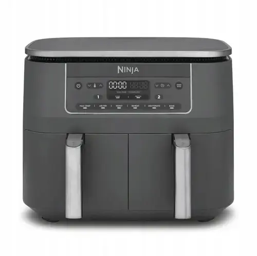 Friteuza cu aer cald Ninja Airfryer Foodi Pro DualZone DZ300, 2400W, 7.6L, 6 functii de gatit, 2 cosuri de 3.8L, functie Max Crisp, functie deshidratare, panou digital, temperatura maxima 240 grade, cosuri si placi cu invelis ceramic (Gri)