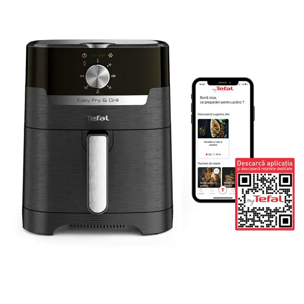 Friteuza cu aer cald Tefal Easy Fry & Grill EY501815 2 in 1, 1400W, capacitate 4.6L, pana la 6 persoane, functie grill, temperatura ajustabila, negru & argintiu