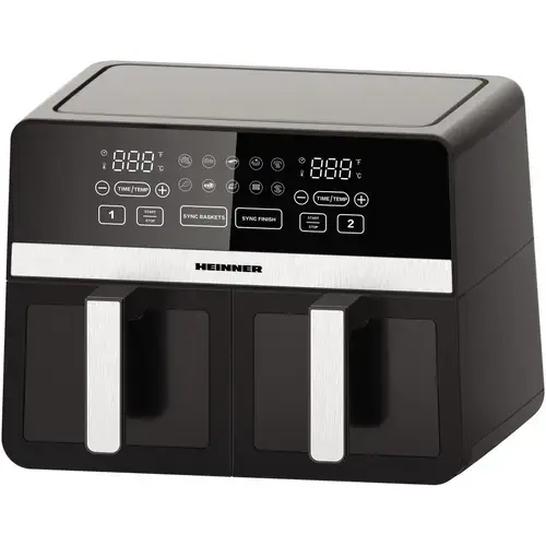 Friteuza dubla cu aer cald Heinner SimCook HAF-K10DB24BK, 2400W, capacitate 9.5L, termostat reglabil cu afisaj LED, control digital individual, 10 programe prestabilite, temporizator 60 min. cu avertizare sonora, Negru