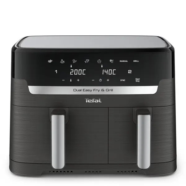 Friteuza dubla cu aer cald Tefal Dual Easy Fry Grill air fryer EY905B10, 2700 W, capacitate 8.3 L, functie grill, 8 programe, vase detasabile
