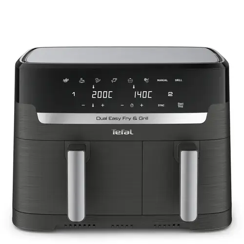 Friteuza dubla cu aer cald Tefal Dual Easy Fry & Grill air fryer EY905B10, 2700 W, 8.3 L, functie grill, 8 programe, Tehnologie Extra-Crisp, Temperatura reglabila 40-200°C, Display LCD (Gri)