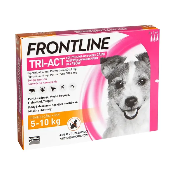 Frontline Tri-Act, solutie spot-on antiparazitară, câini FRONTLINE Tri-Act, spot-on, soluție antiparazitară, câini 5-10kg, 3 pipete
