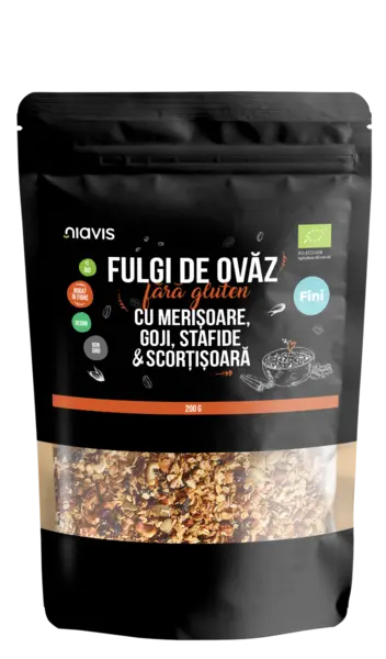 Fulgi de ovaz fini fara gluten cu merisoare, goji, stafide si scortisoara Eco, 200g, Niavis
