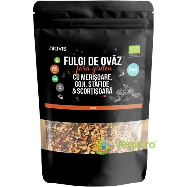Fulgi de Ovaz Fini fara Gluten cu Merisoare, Goji, Stafide si Scortisoara Ecologici/Bio 200g