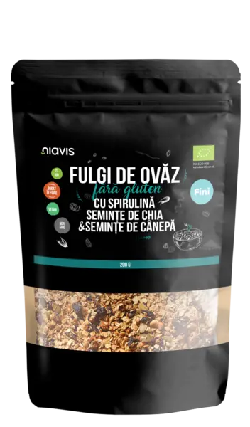 Fulgi de ovaz fini fara gluten cu spirulina, chia si seminte de canepa Eco, 200g, Niavis